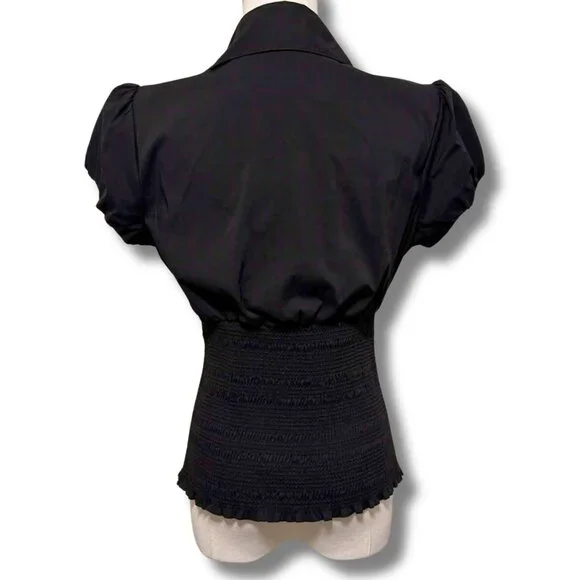 INC Black Zip Front Ruffled Top | Puff Sleeve Smocked Waist | Size 10 - Picture 4 of 6